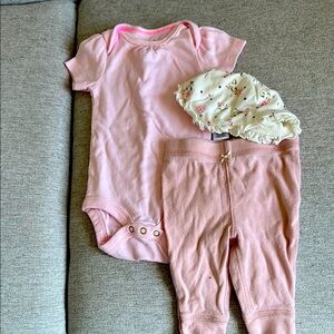 Pink Baby Onesie and Pants Set with floral hat!